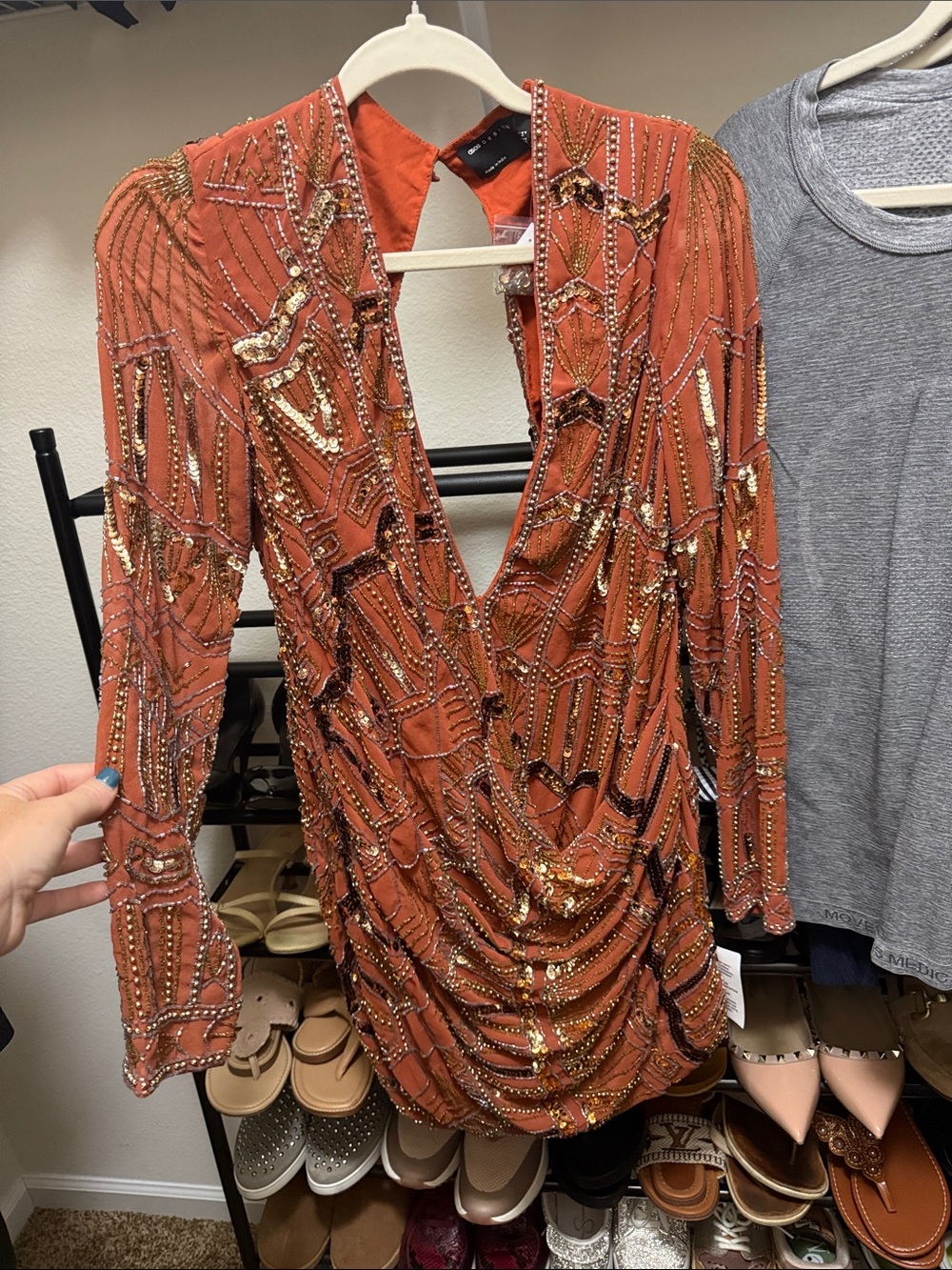 DISCONTINUED ASOS Rust Long-Sleeve Beaded Party Dress